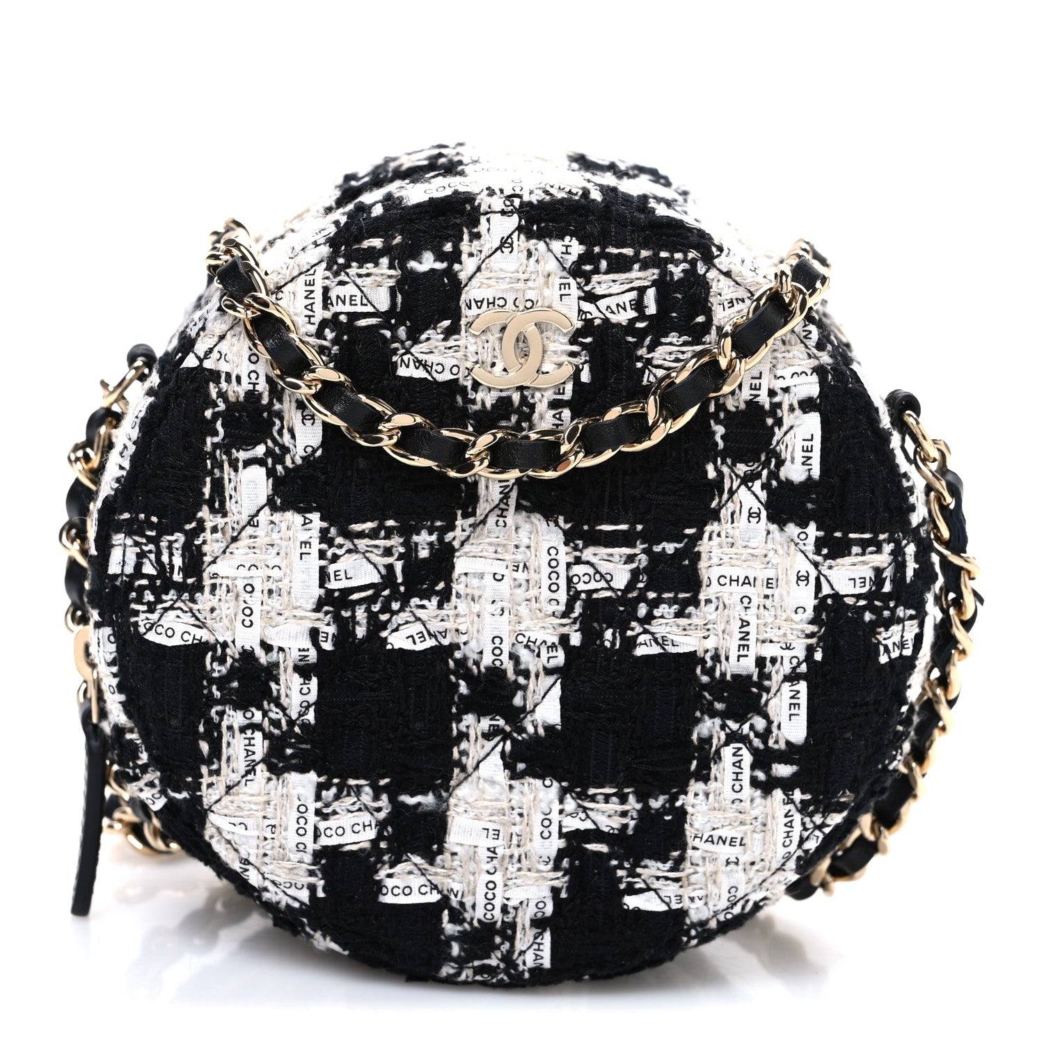 Chanel Tweed Quilted Round Clutch With Chain Black Ecru White 1 of 10