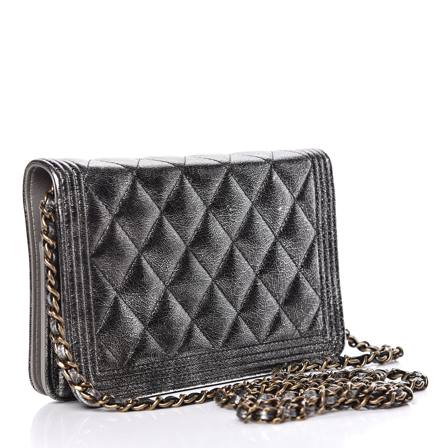 Chanel Cracked Metallic Calfskin Quilted Boy Wallet On Chain WOC Dark Silver 3 of 18