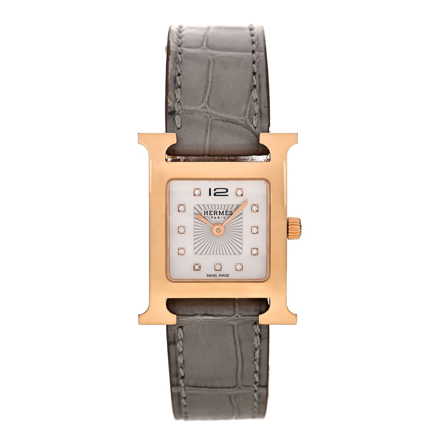 Stainless Steel Alligator Diamond Mother of Pearl 21mm Heure H Hour Quartz Watch Gris Perle