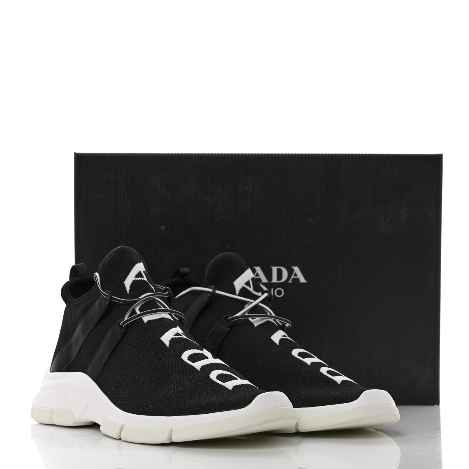 Prada Knit Fabric Mens Logo Sneakers 8 Black White 8 of 8