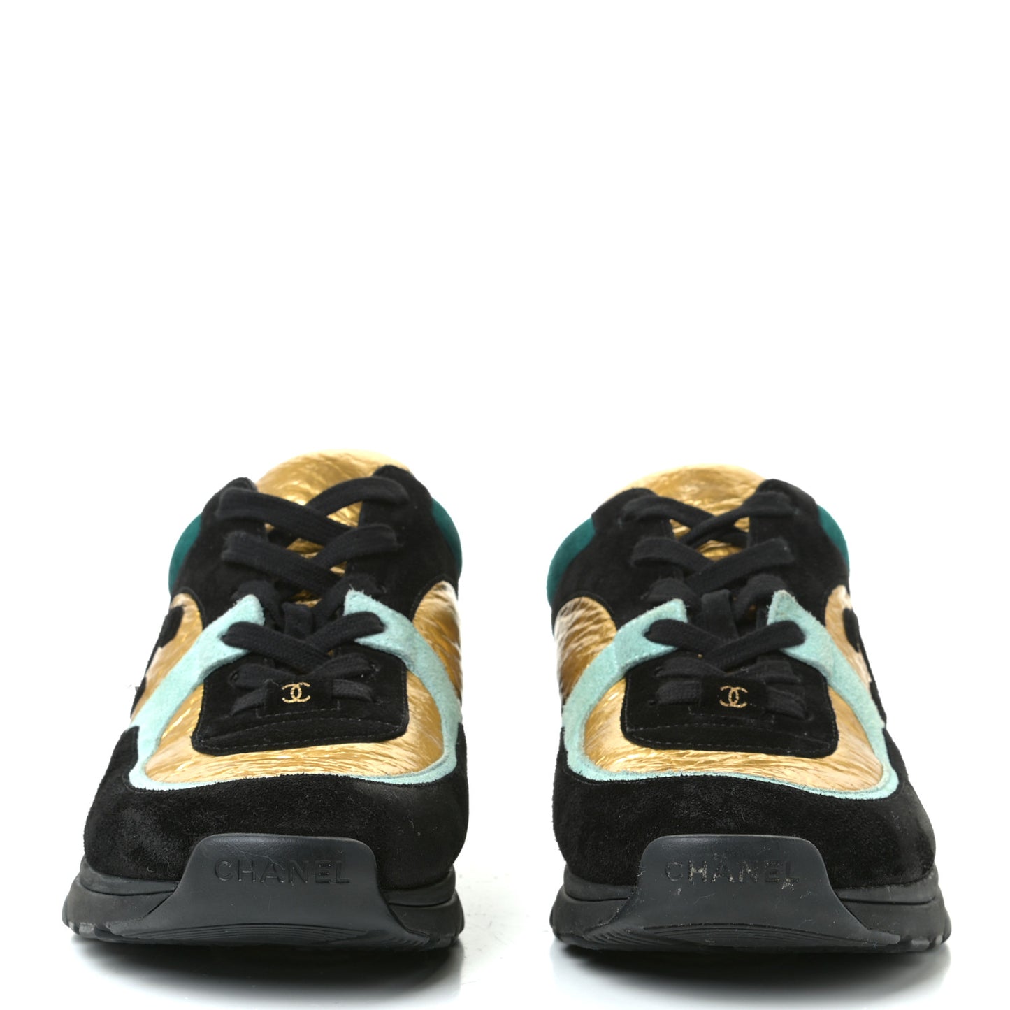 Fabric Calfskin Suede CC Womens Sneakers 41 Black Turquoise Gold