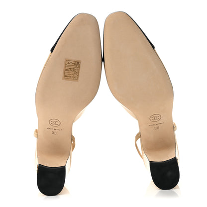 Chanel Goatskin Grosgrain Cap Toe CC Slingback Pumps 38 Beige Black 6 of 10