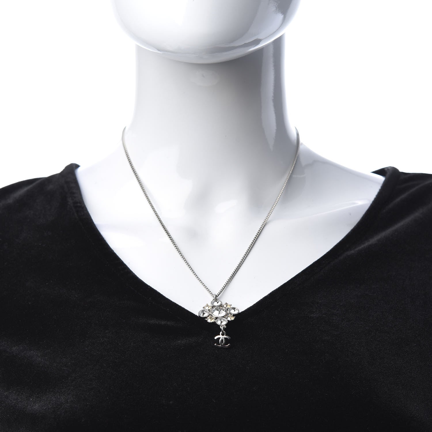 Chanel Crystal CC Drop Pendant Necklace Silver 2 of 4