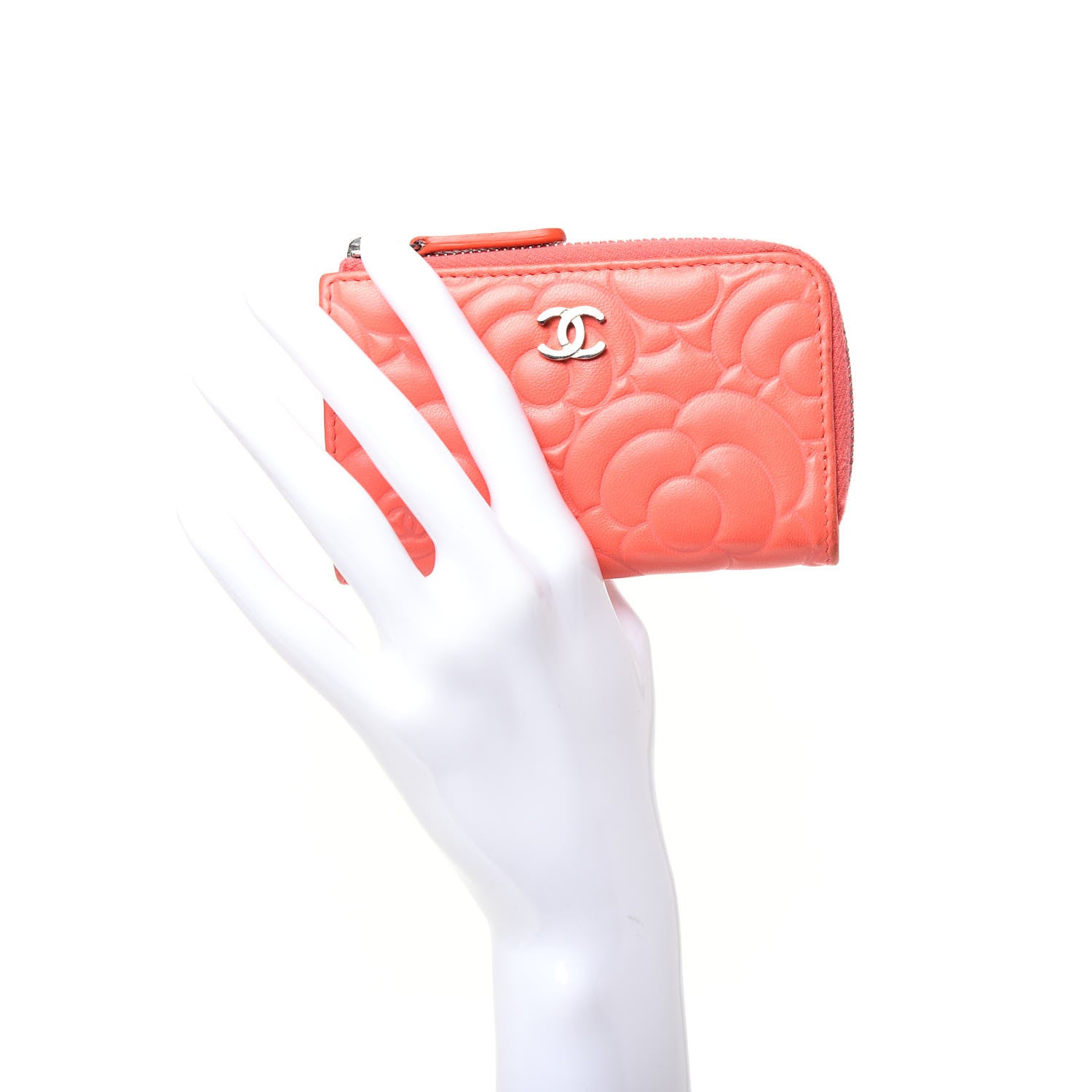 Chanel Lambskin Camellia Embossed Key Holder Case Coral 2 of 7