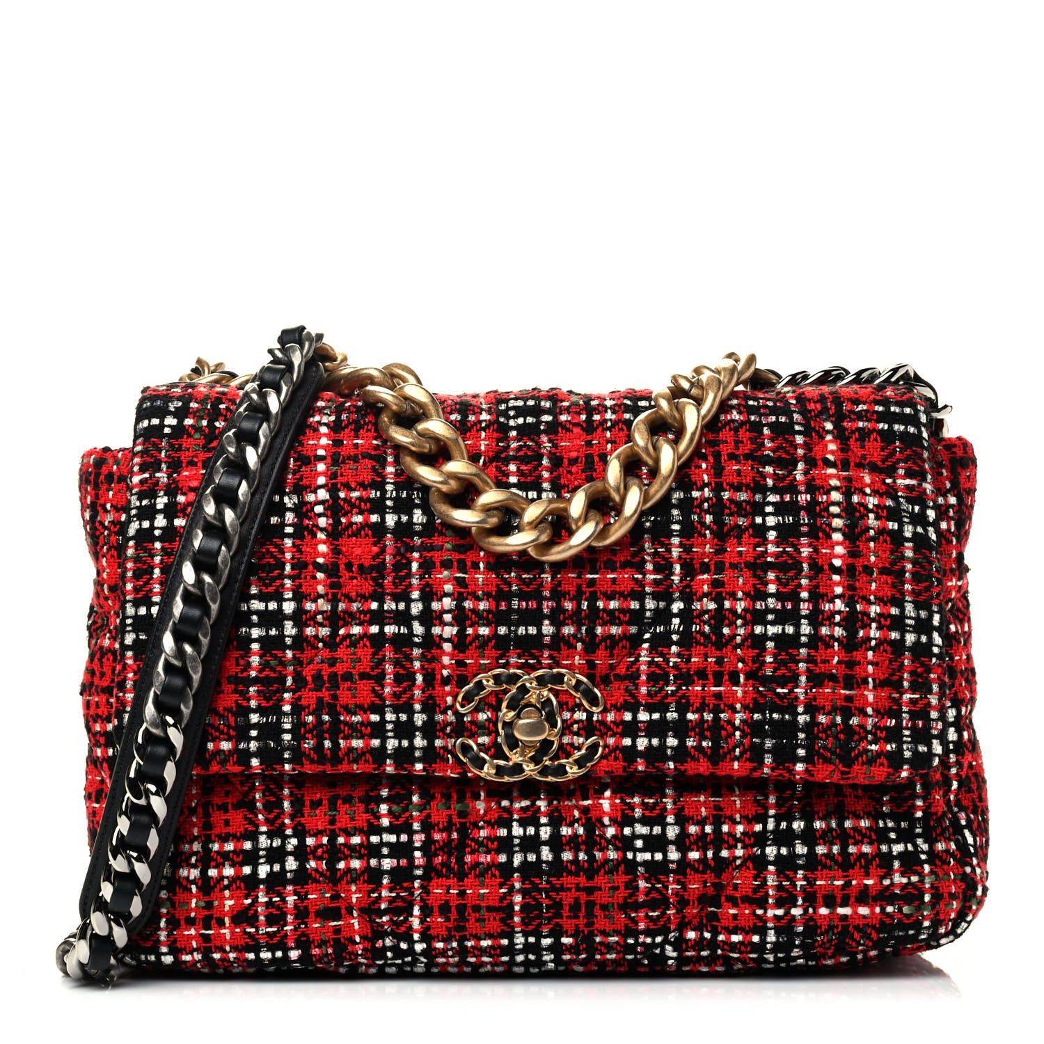 Chanel Tweed Quilted Large Chanel 19 Flap Red Black Silver Green 1 of 6