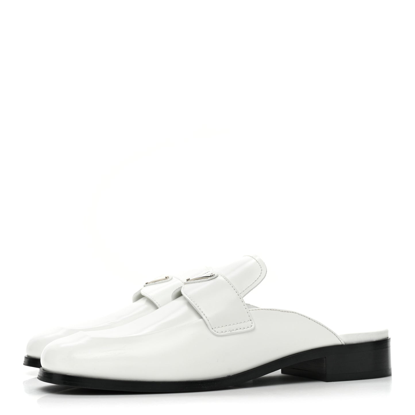 Brushed Calfskin Metal Triangle Logo Mules 40 White