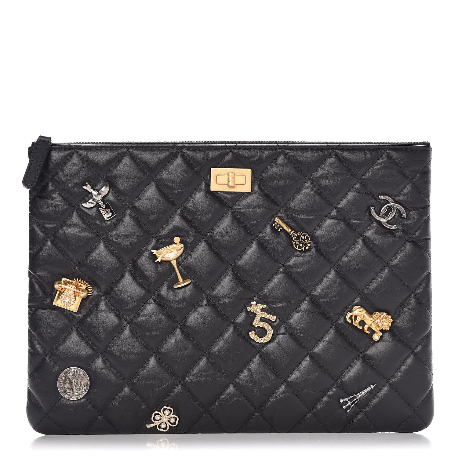 Chanel Aged Calfskin Quilted Medium Lucky Charms Cosmetic Case Black 1 of 8
