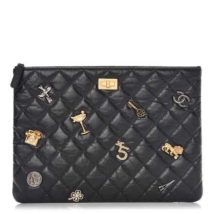 Chanel Aged Calfskin Quilted Medium Lucky Charms Cosmetic Case Black 1 of 8