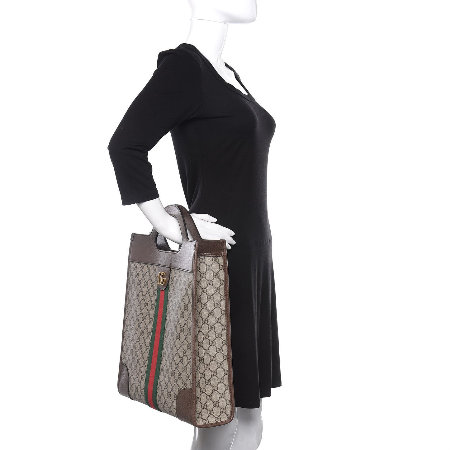 GG Supreme Monogram Textured Calfskin Web Medium Ophidia Slip Handle Tote Beige Ebony New Acero