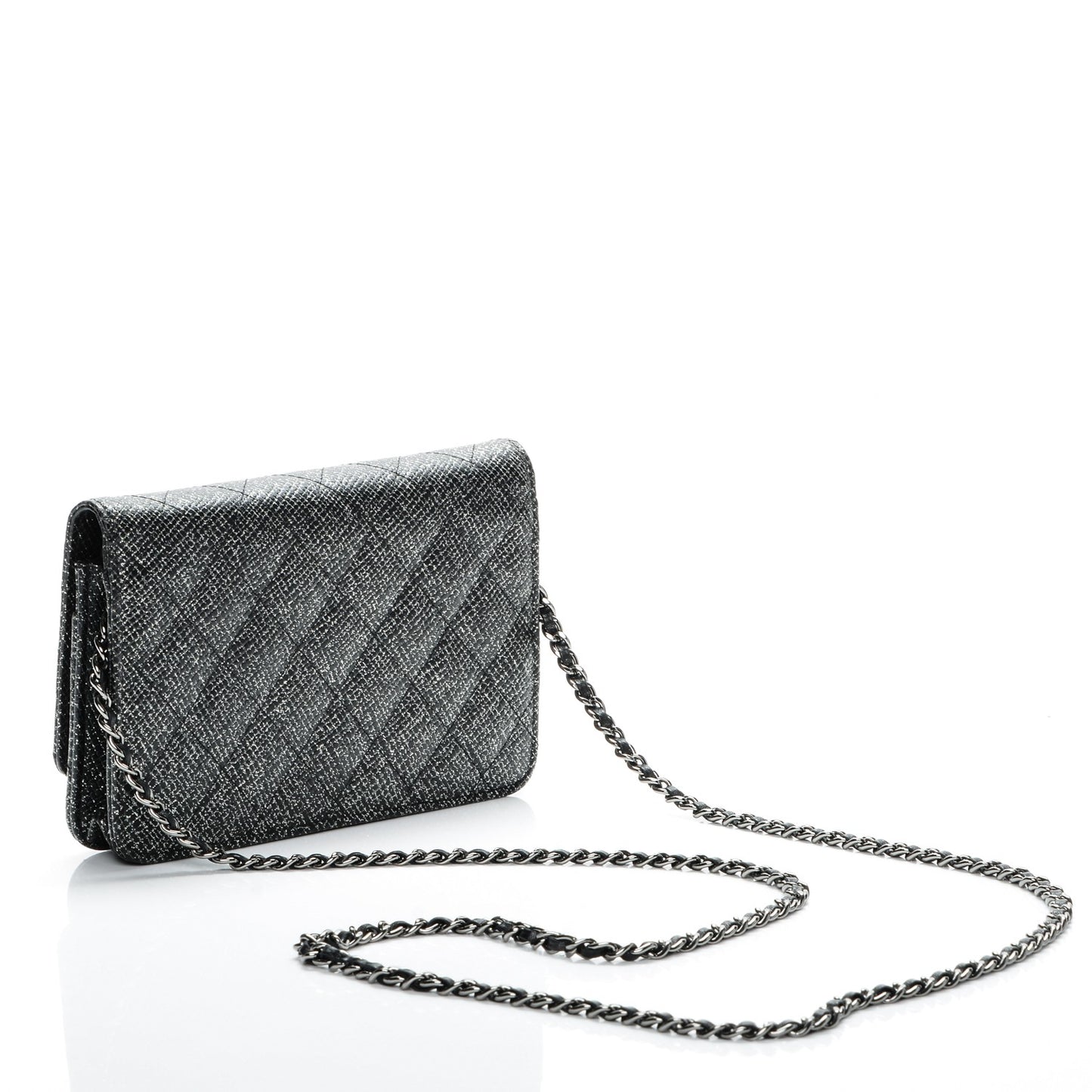 Glitter Calfskin Quilted Wallet on Chain WOC Black Silver