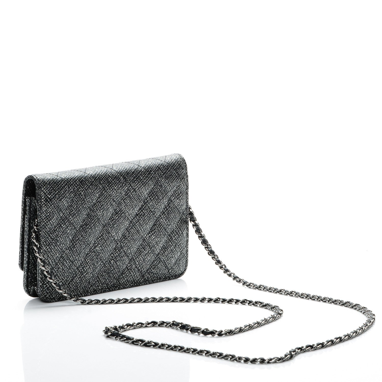 Chanel Glitter Calfskin Quilted Wallet on Chain WOC Black Silver 3 of 8