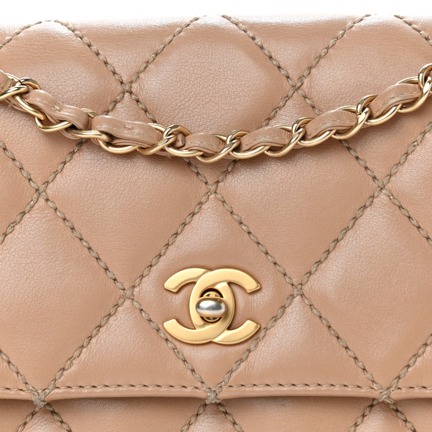 Calfskin Quilted Medium Wild Stitch Flap Beige