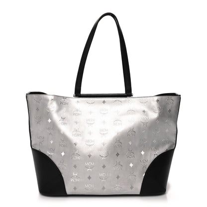 MCM Metallic Visetos Medium Shopper Tote Silver Black 1 of 10