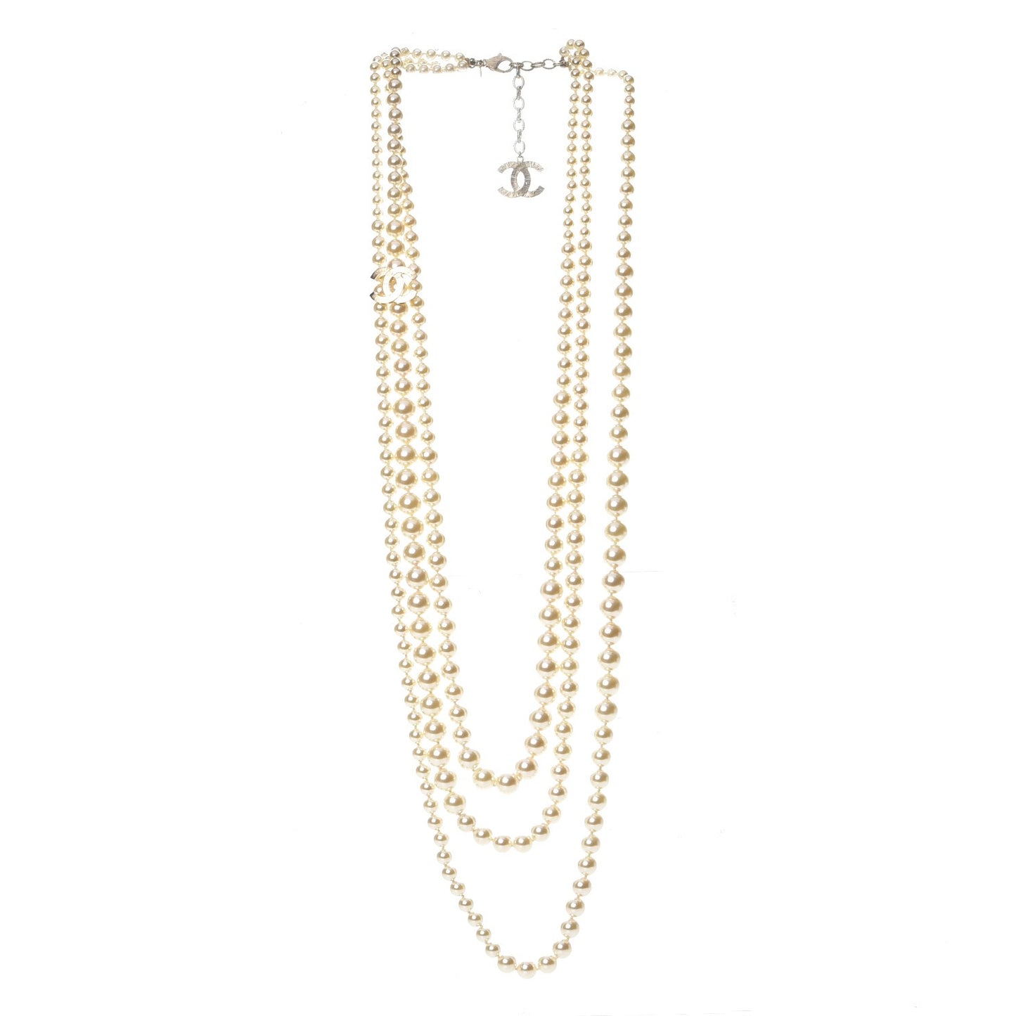 Graduated Pearl CC Long Necklace Light Gold