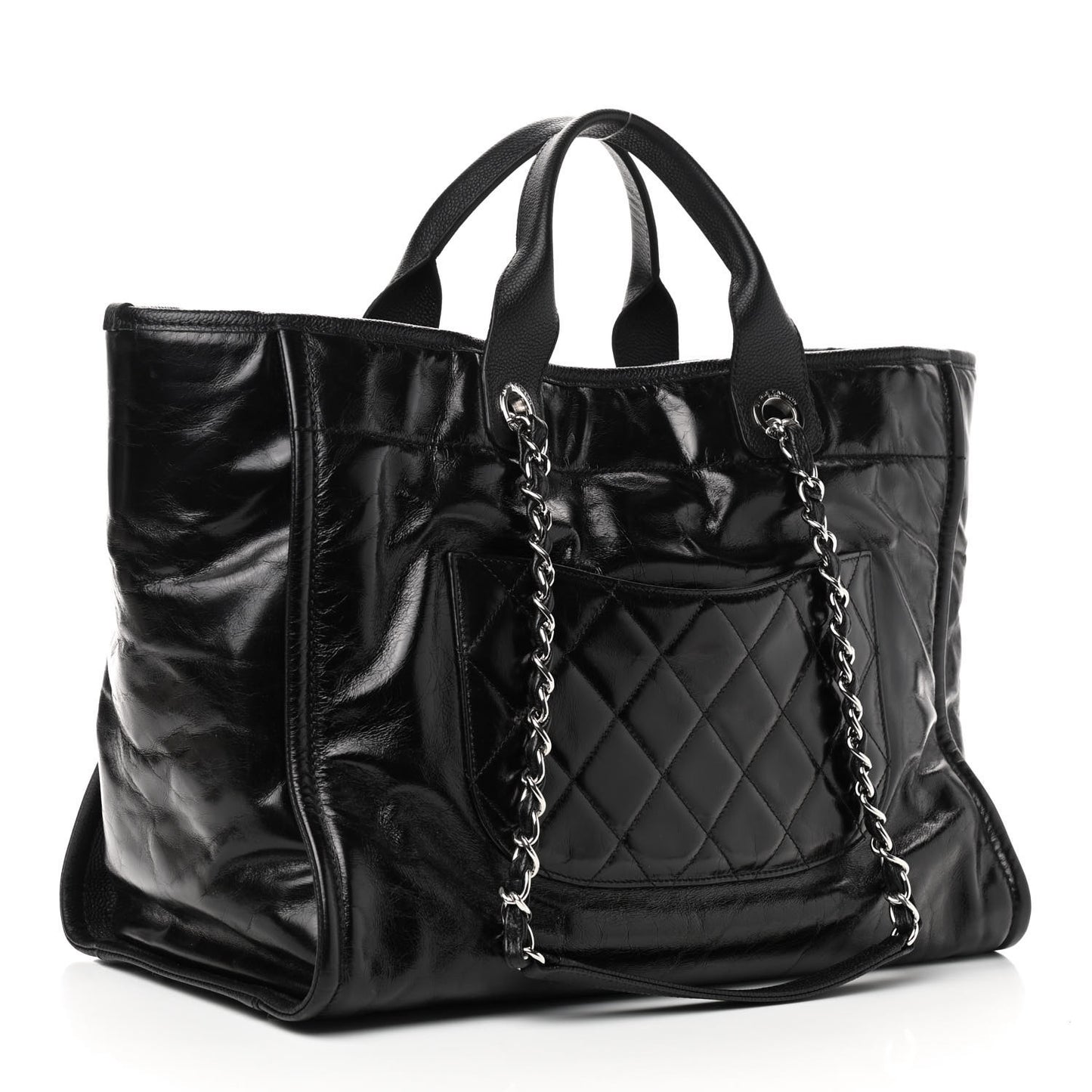 Glazed Calfskin Large Deauville Tote Black