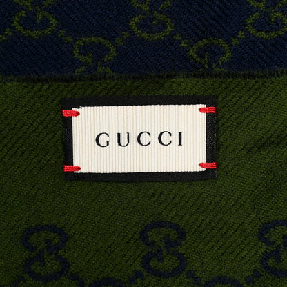 Gucci Wool Jacquard Monogram Fringe Scarf Navy Green 3 of 4