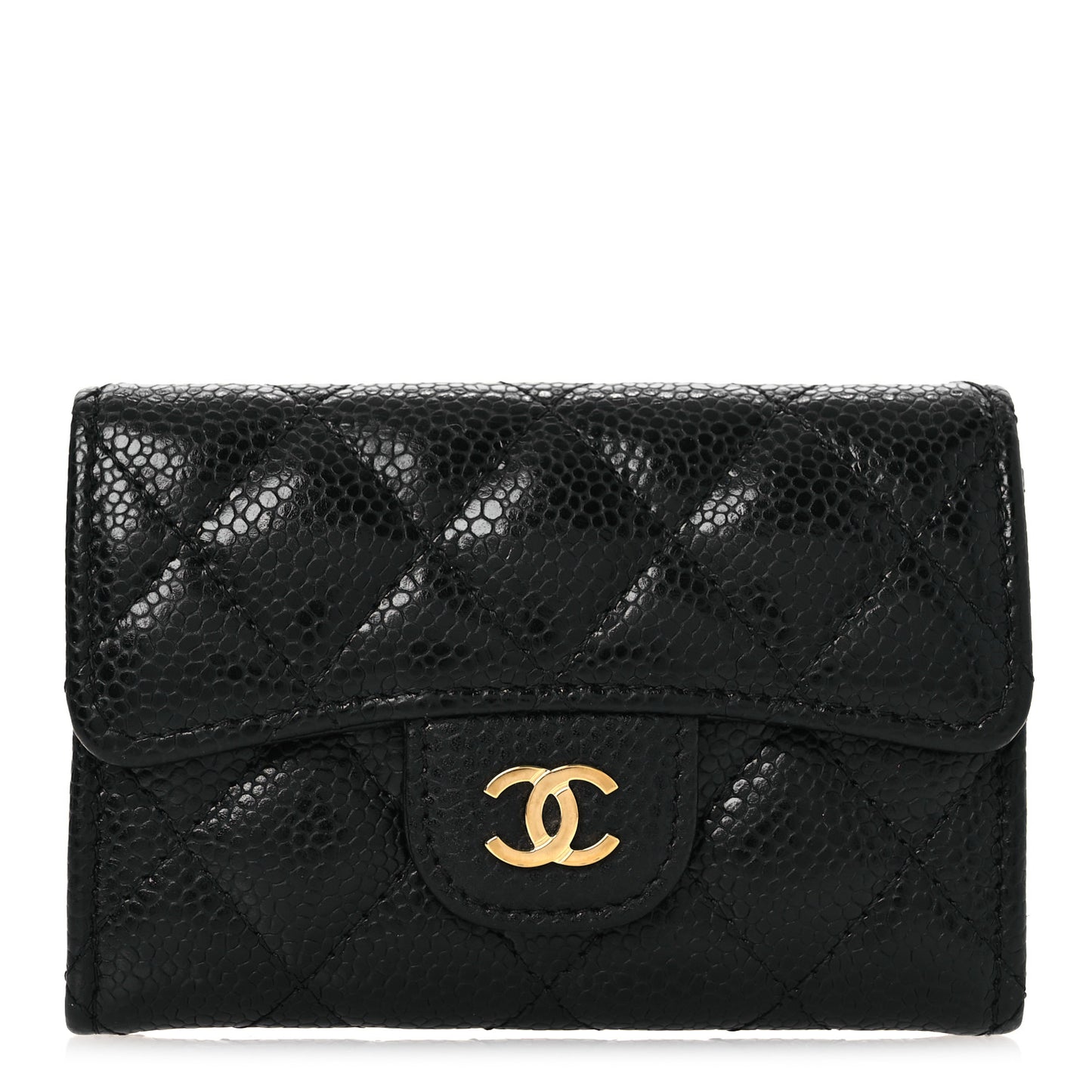 Caviar Quilted Flap Card Holder Wallet Black