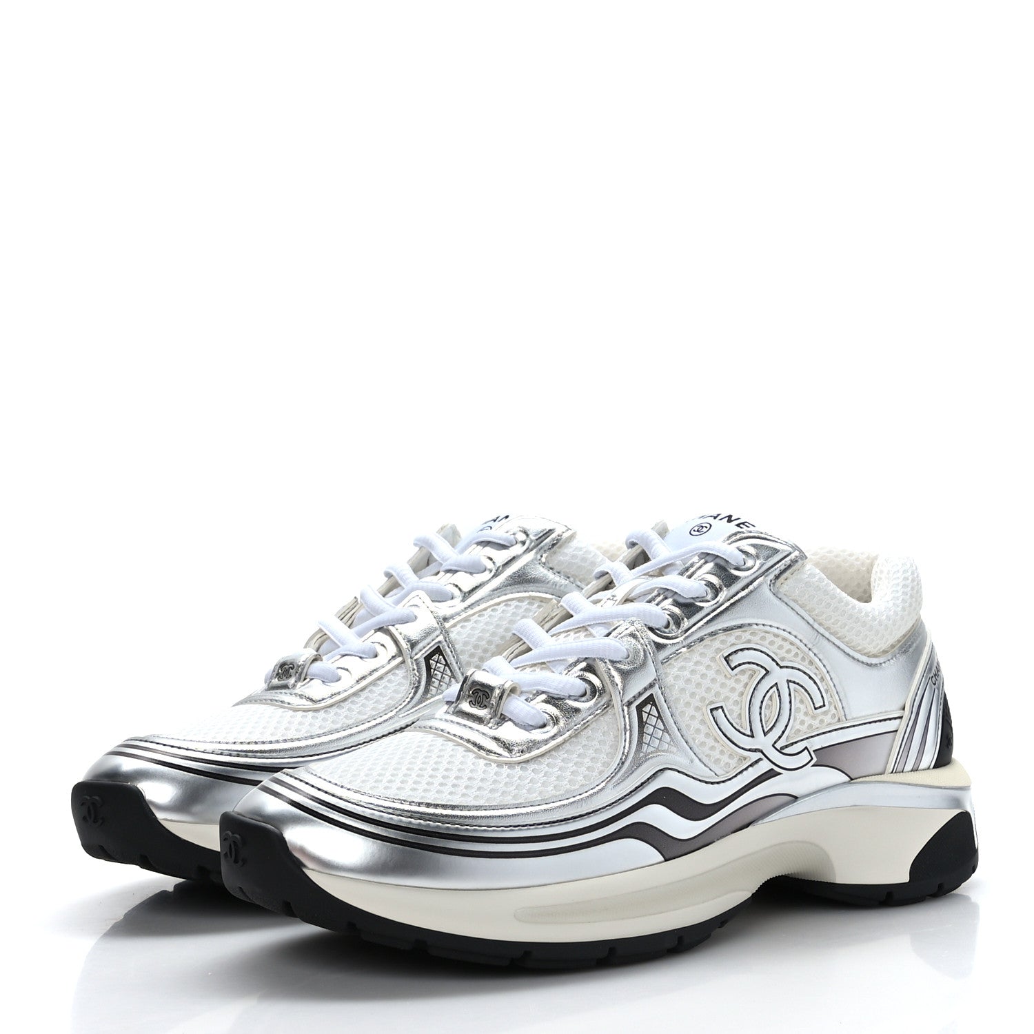Chanel Fabric Laminated Calfskin Stretch CC Womens Sneakers 37.5 White Silver 3 of 9