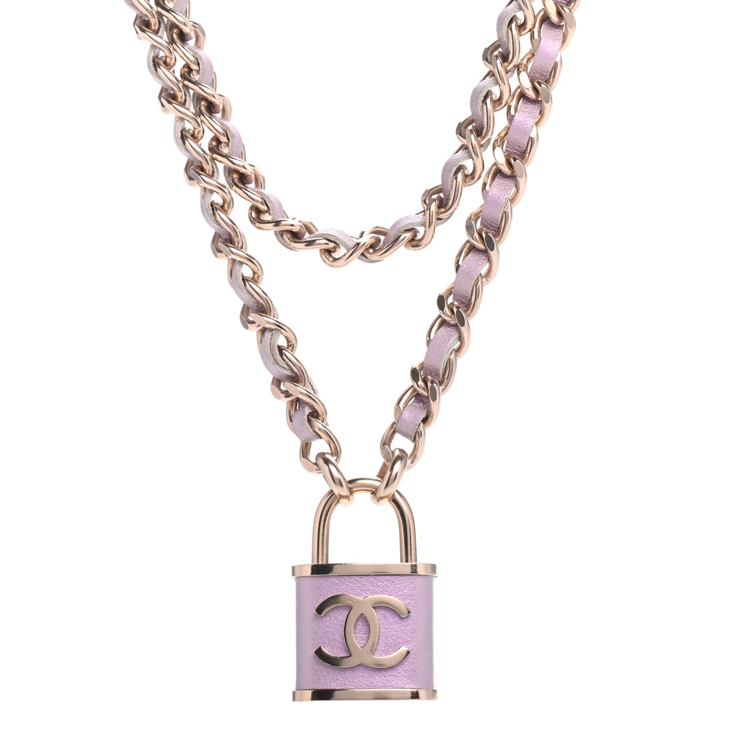 Metal Lambskin Lock Necklace Iridescent Pink