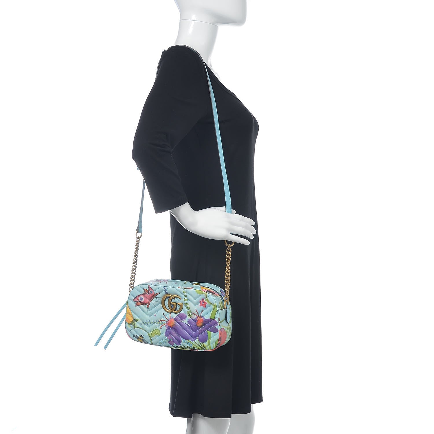 Gucci X UNSKILLED WORKER Calfskin Matelasse Flora Painted Small GG Marmont Chain Shoulder Bag Cloudy Blue Multicolor 2 of 11