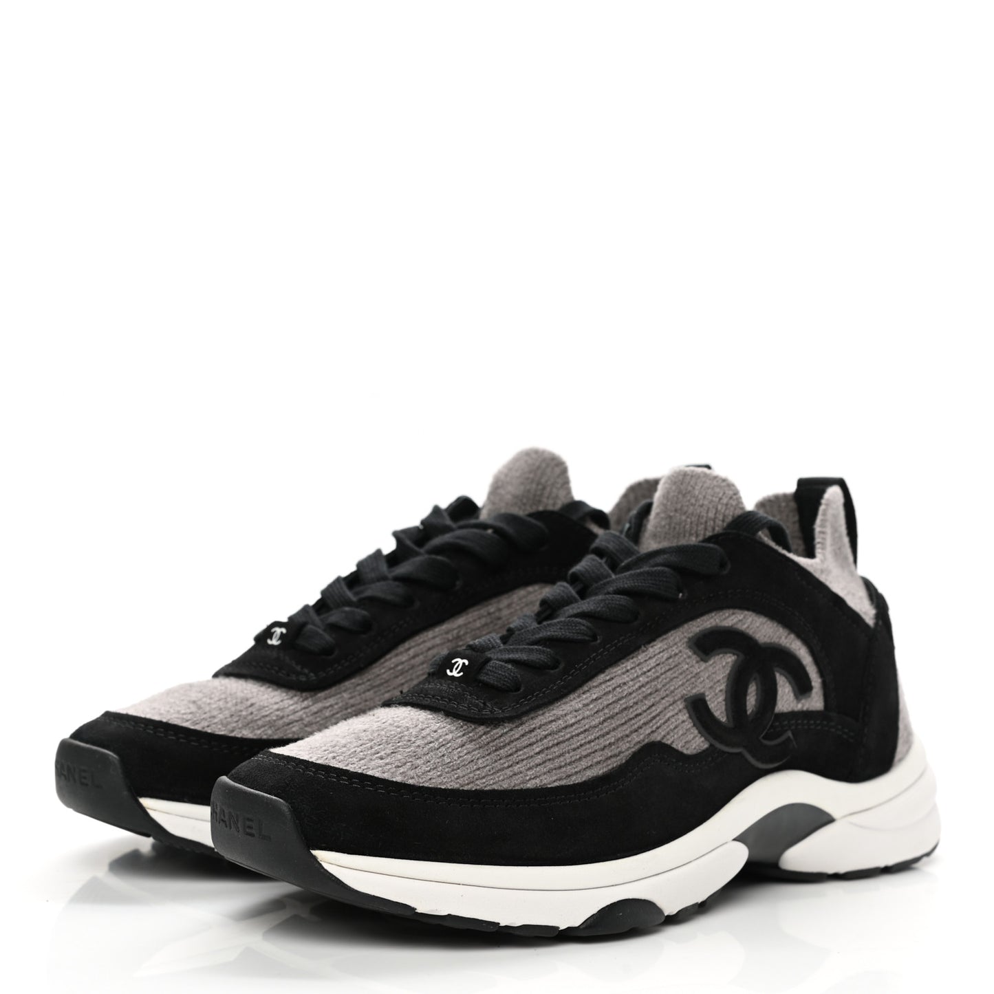 Fabric Suede Calfskin CC Sneakers 38.5 Grey Black