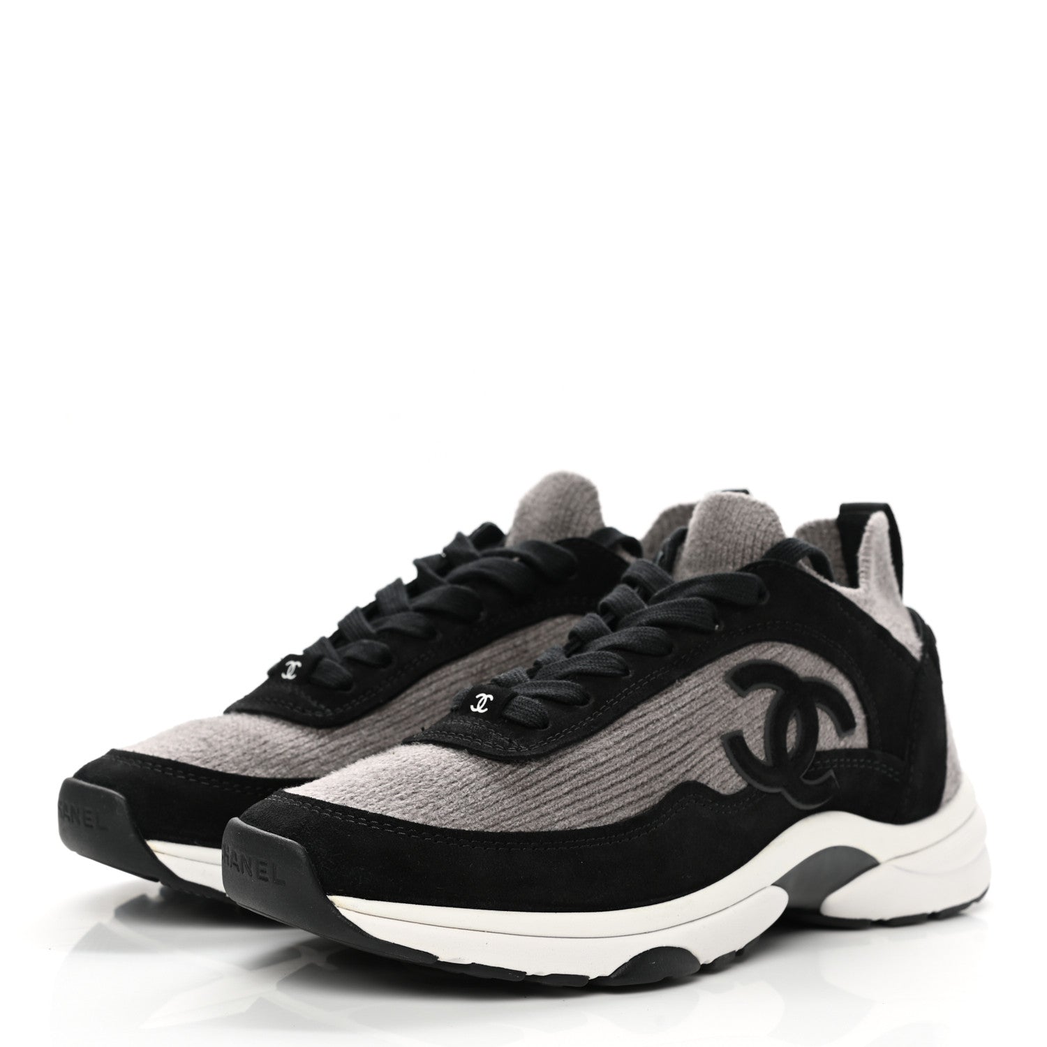 Chanel Fabric Suede Calfskin CC Sneakers 38.5 Grey Black 3 of 9