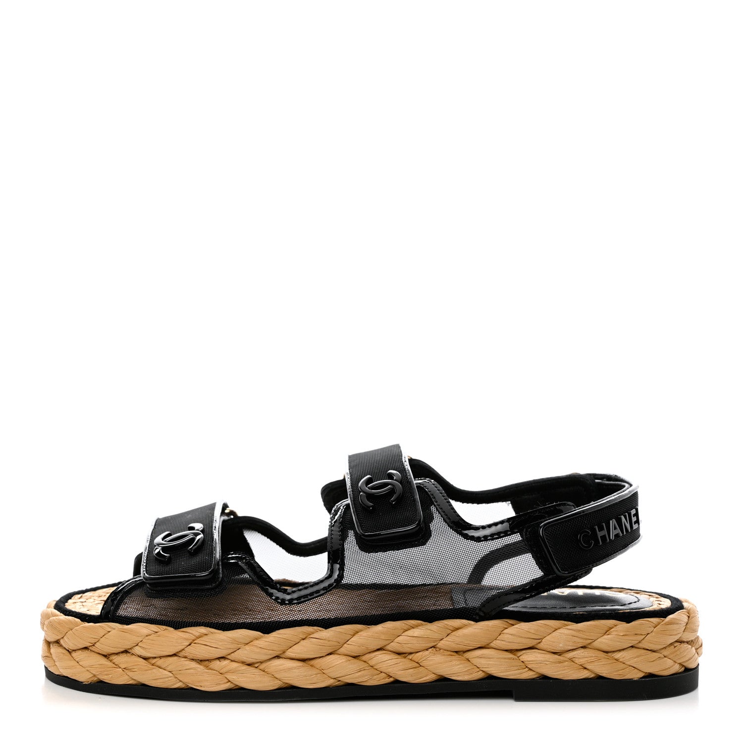 Chanel Mesh Patent Calfskin Velcro Dad Sandals 36.5 Black 1 of 9