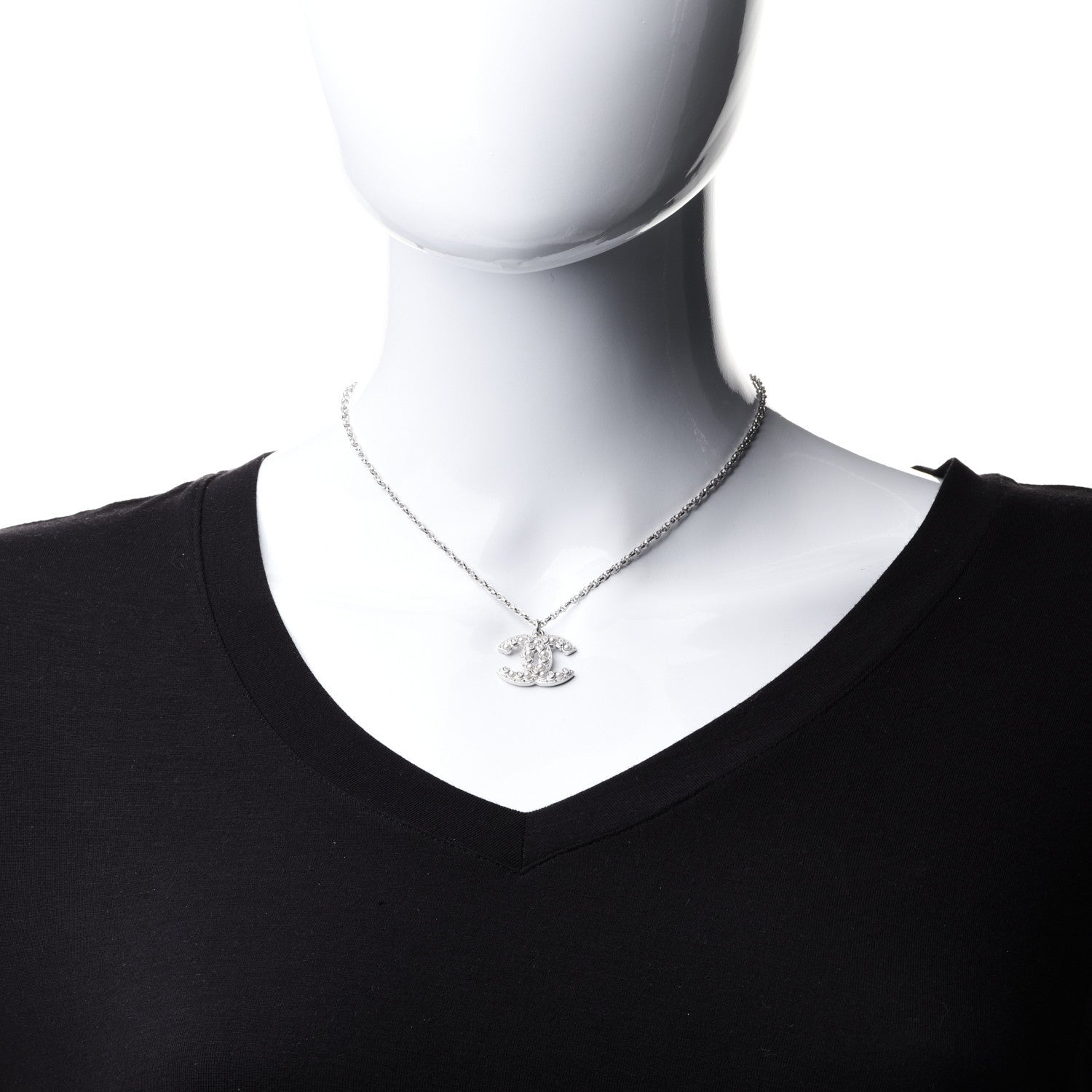 Chanel Pearl Crystal CC Pendant Necklace Silver 2 of 5