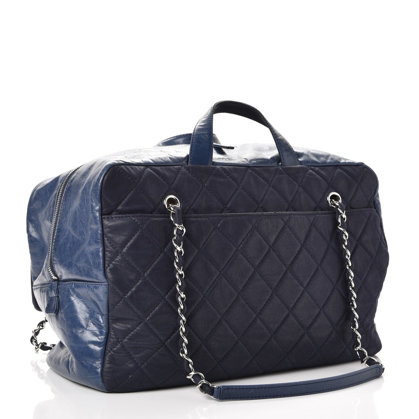 Glazed Calfskin Quilted Travel Flap Tote Blue