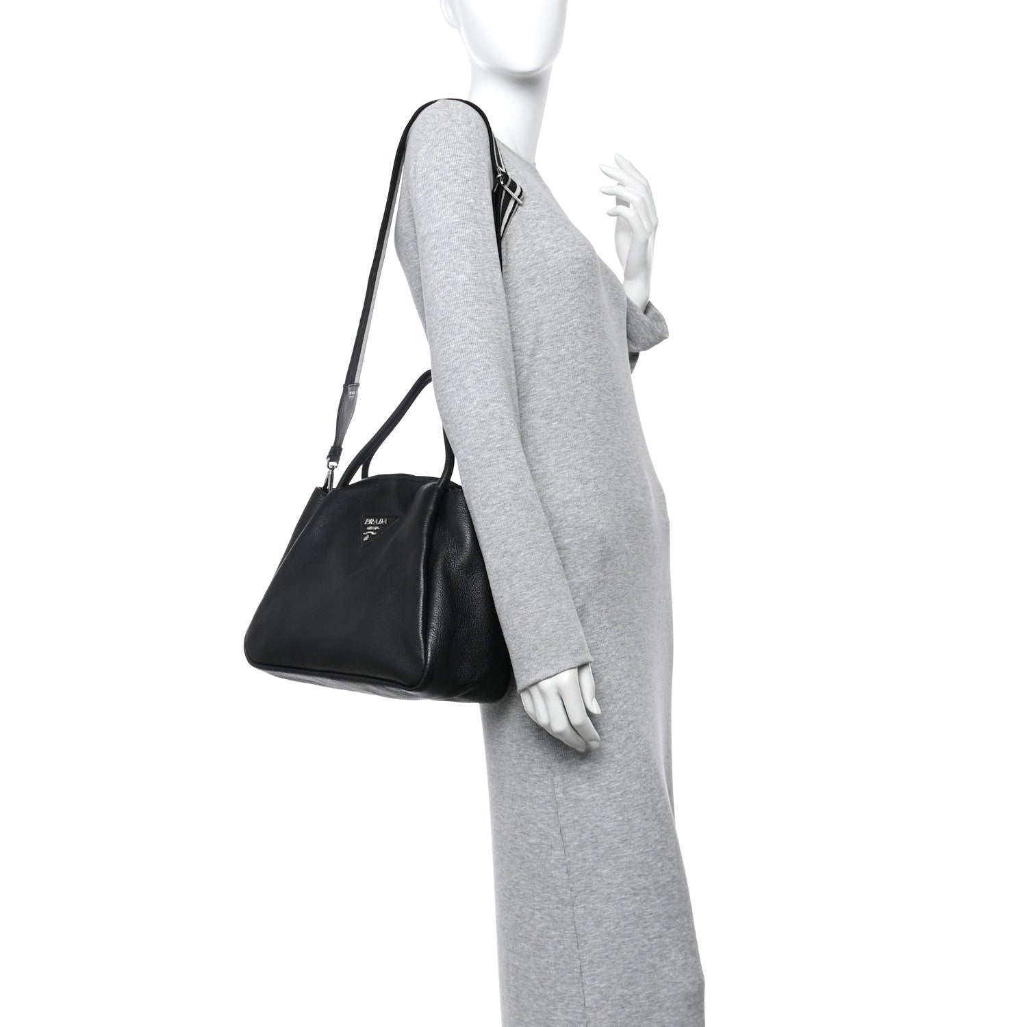 Prada Vitello Daino Soft Medium Zippered Top Handle Bag Black