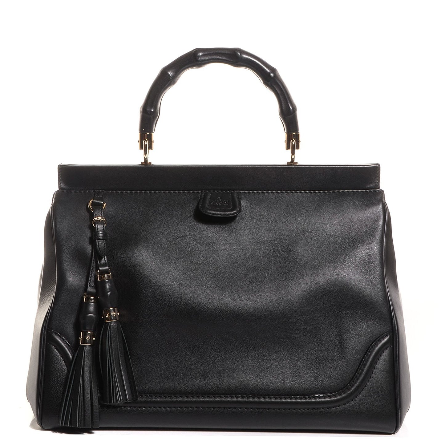 Leather Bold Bamboo Medium Top Handle Bag Black