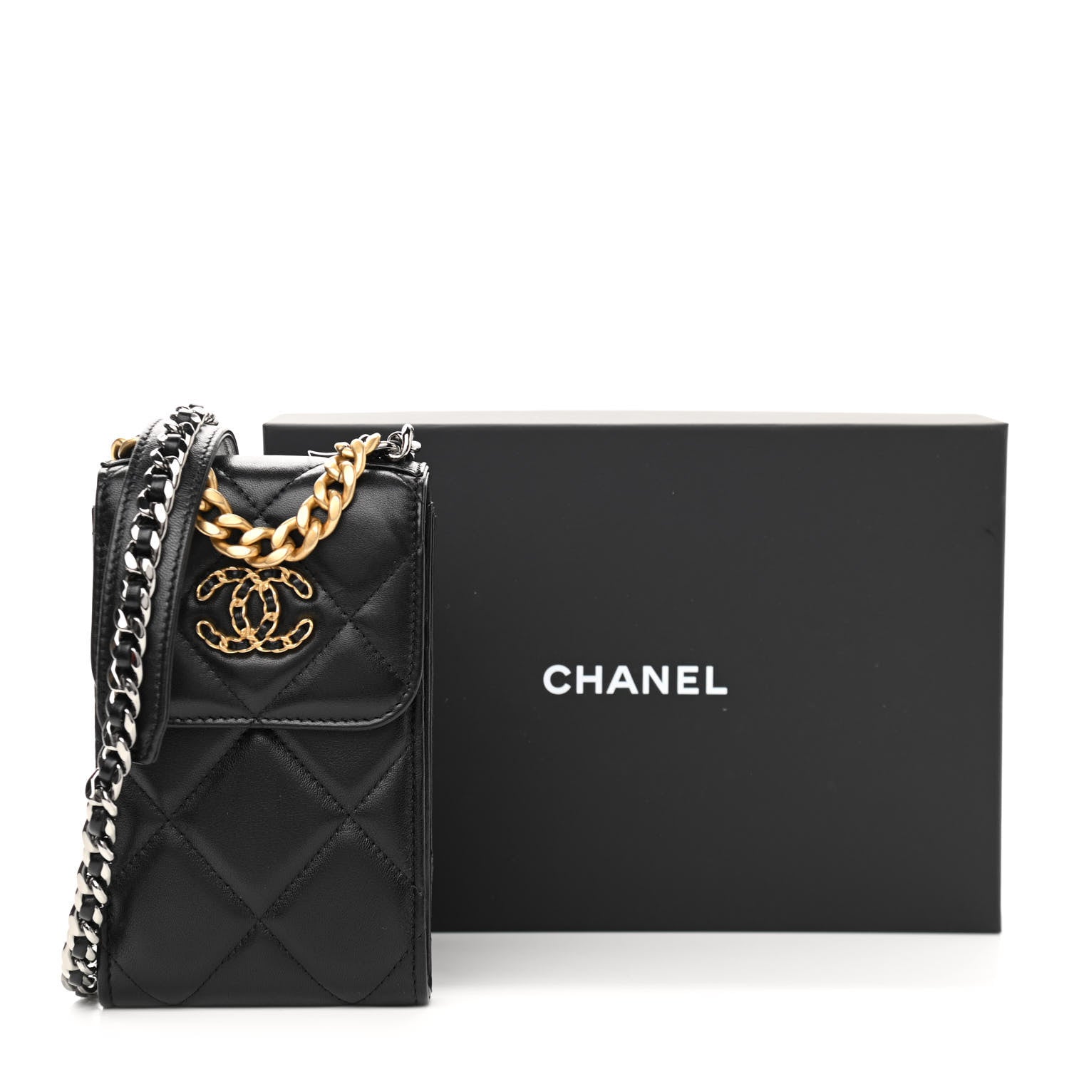 Chanel Lambskin Quilted Chanel 19 Phone Holder With Chain Black