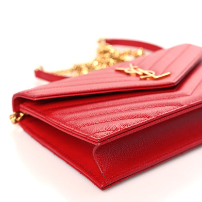 Saint Laurent Grain De Poudre Matelasse Chevron Monogram Envelope Chain Wallet New Red 8 of 10
