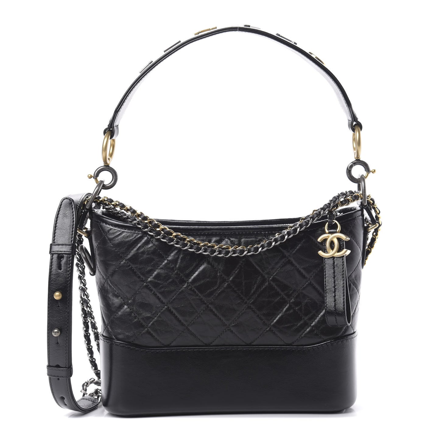 Aged Smooth Calfskin Quilted Medium Gabrielle Logo Hobo Black