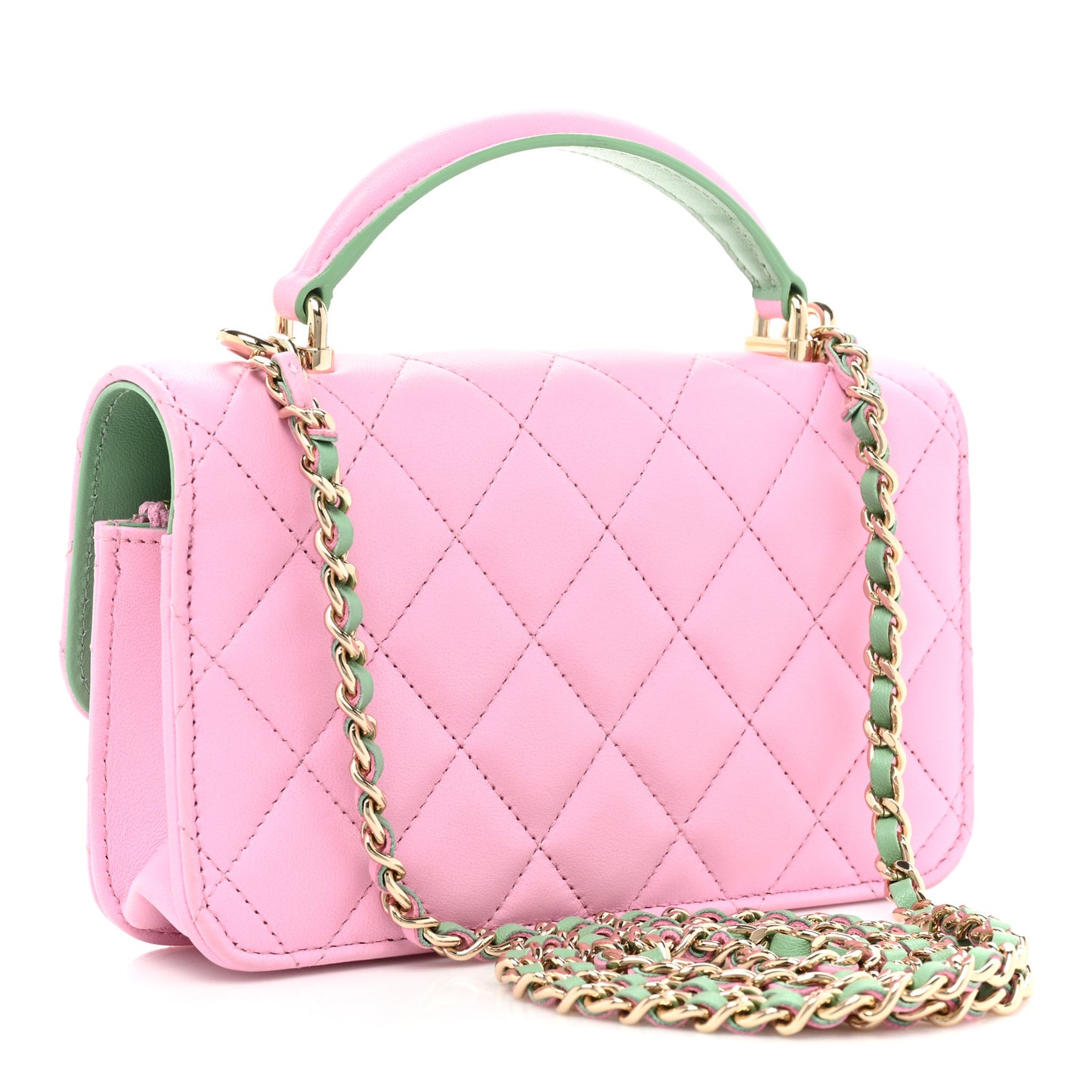 Lambskin Quilted Flap Phone Holder With Chain Lilac Light Green