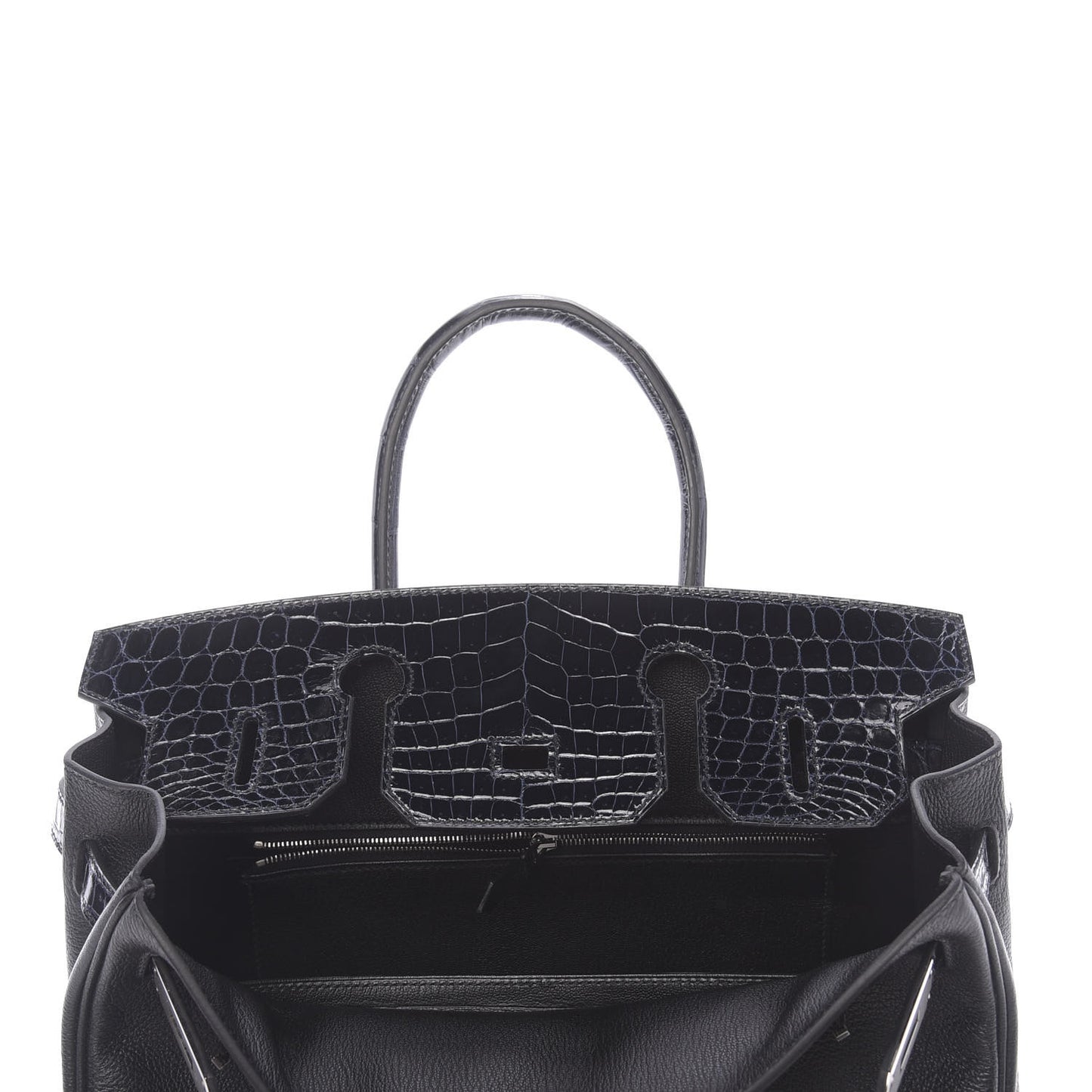 Taurillon Novillo Shiny Niloticus Crocodile Birkin Touch 30 Black Bleu Marine