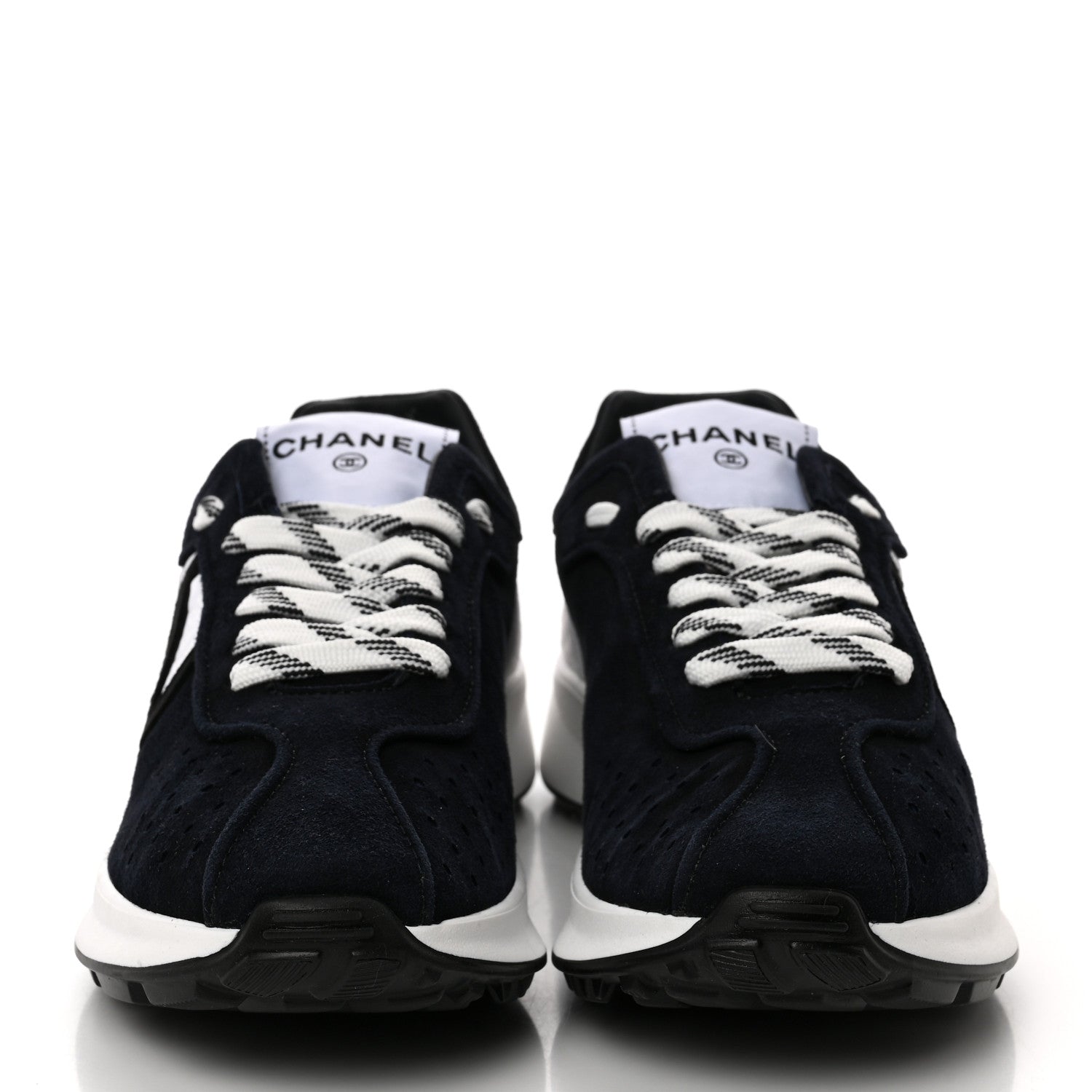 Chanel Fabric Suede Kidskin CC Sneakers 37.5 Dark Navy White 2 of 10