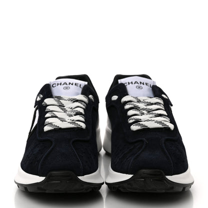 Chanel Fabric Suede Kidskin CC Sneakers 37.5 Dark Navy White 2 of 10