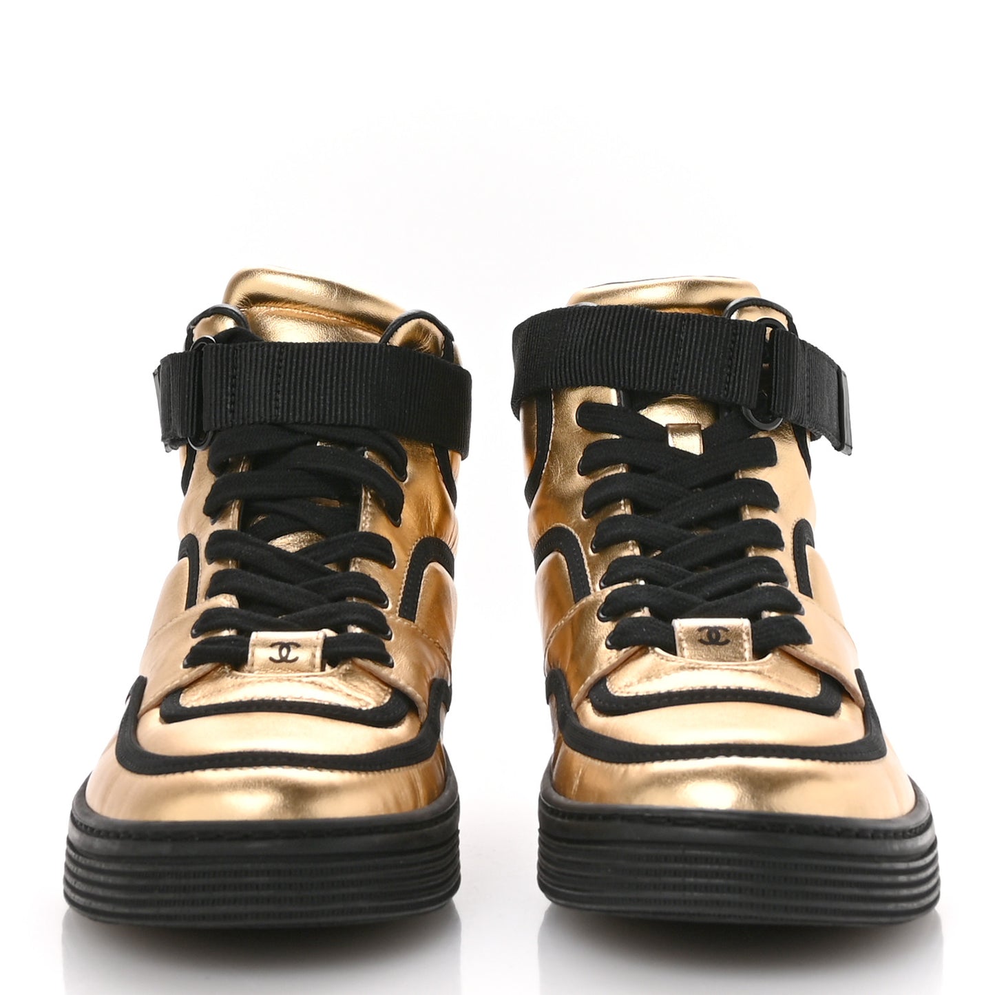 Metallic Satin Lambskin Logo High Top Sneakers 38 Gold Black