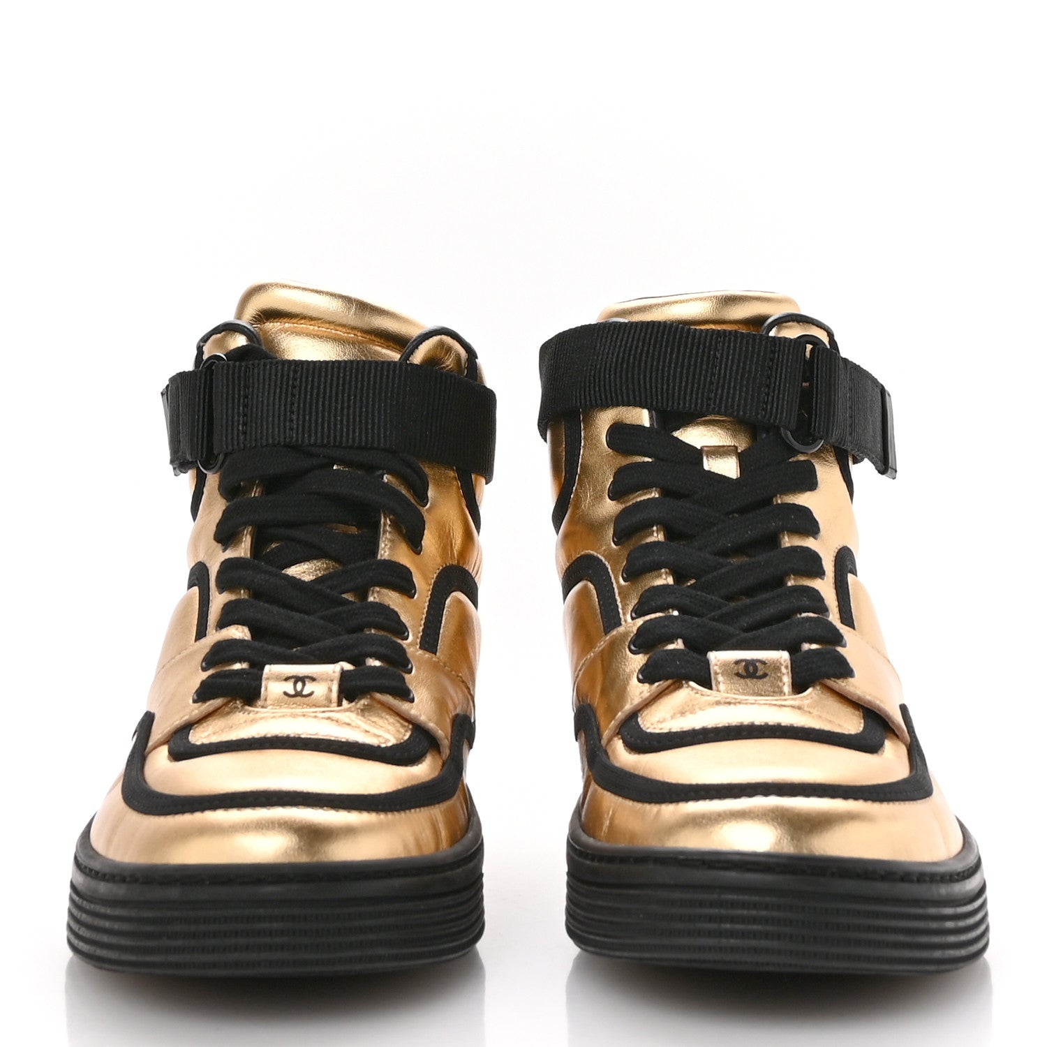 Chanel Metallic Satin Lambskin Logo High Top Sneakers 38 Gold Black 3 of 9