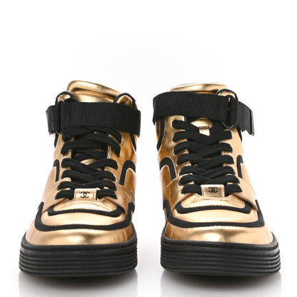 Chanel Metallic Satin Lambskin Logo High Top Sneakers 38 Gold Black 3 of 9