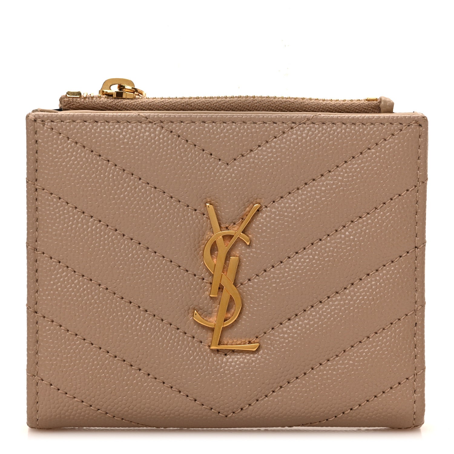 Saint Laurent Grain De Poudre Matelasse Chevron Monogram Zipped Two-Part Wallet Dark Beige 1 of 6