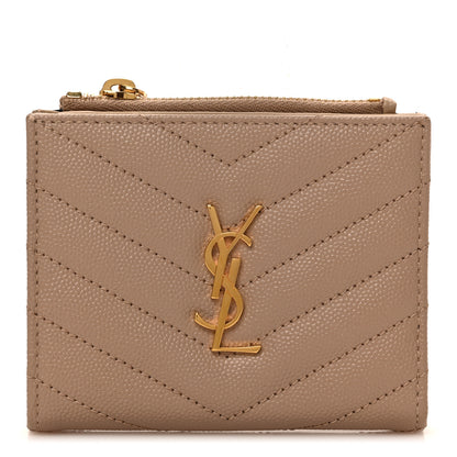 Saint Laurent Grain De Poudre Matelasse Chevron Monogram Zipped Two-Part Wallet Dark Beige 1 of 6