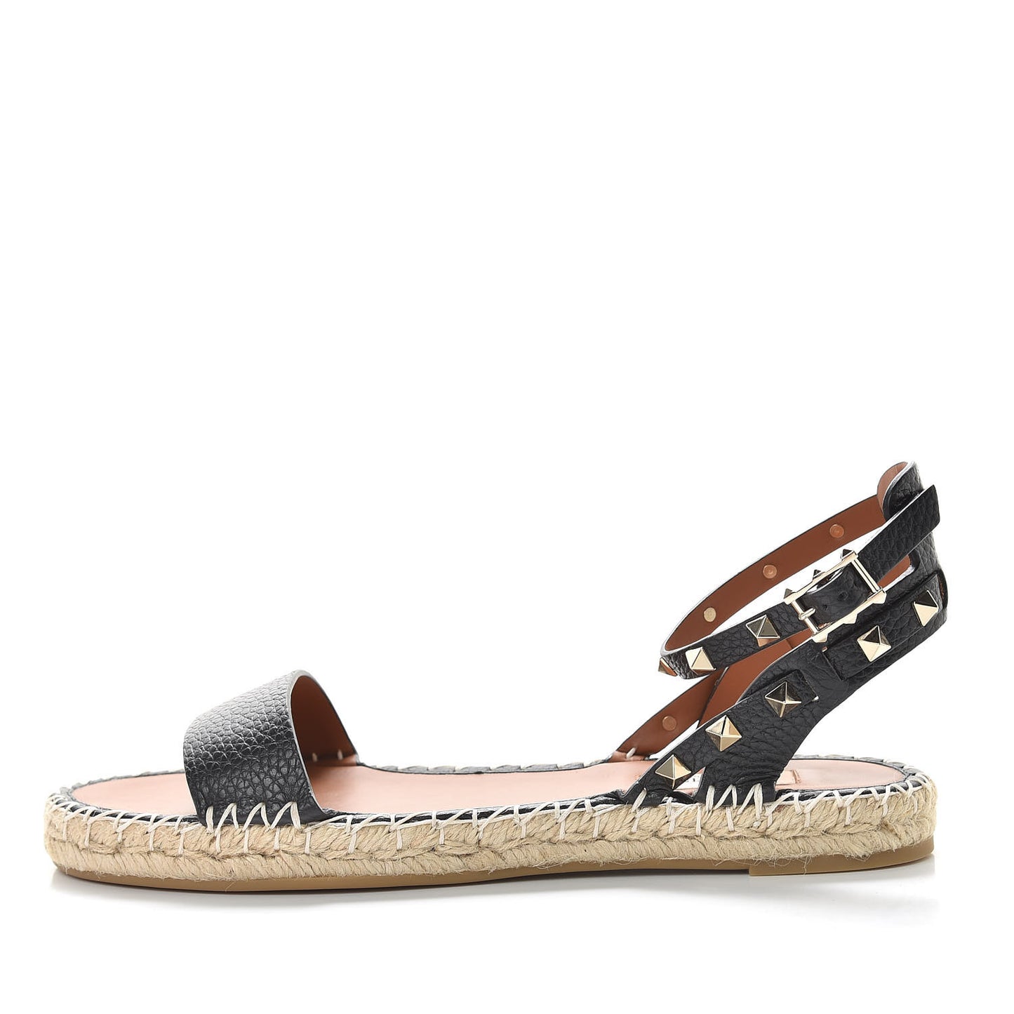 Grained Calfskin Rockstud Ankle Strap Espadrille Flat Sandals 40 Black