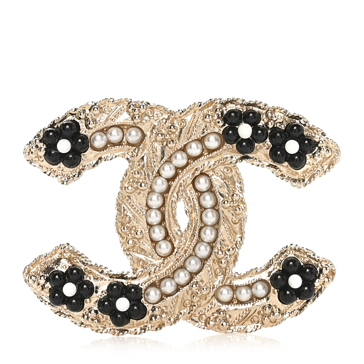 Chanel Pearl Resin Flower CC Brooch Black Gold 1 of 5