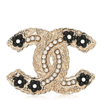 Chanel Pearl Resin Flower CC Brooch Black Gold 1 of 5