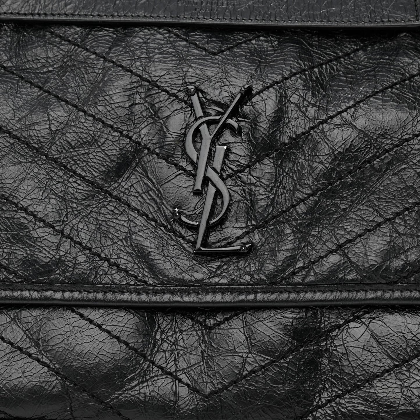 Crinkled Calfskin Matelasse Monogram Medium Niki Chain Satchel Black