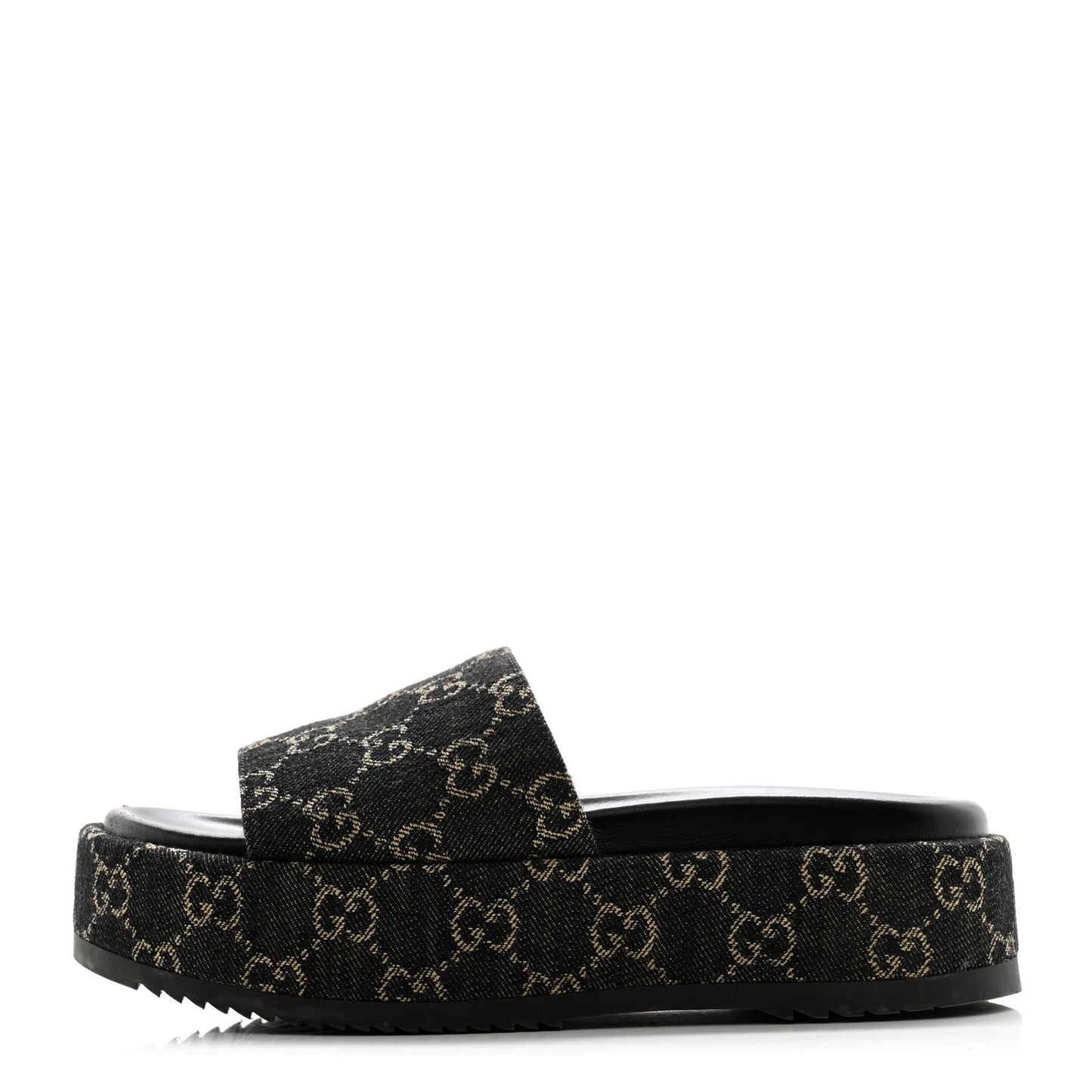 Jacquard Black Denim GG Monogram Angelina Platform 55mm Slide Sandals 37.5 Black Ivory