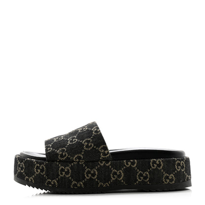 Gucci Jacquard Black Denim GG Monogram Angelina Platform 55mm Slide Sandals 37.5 Black Ivory 1 of 10