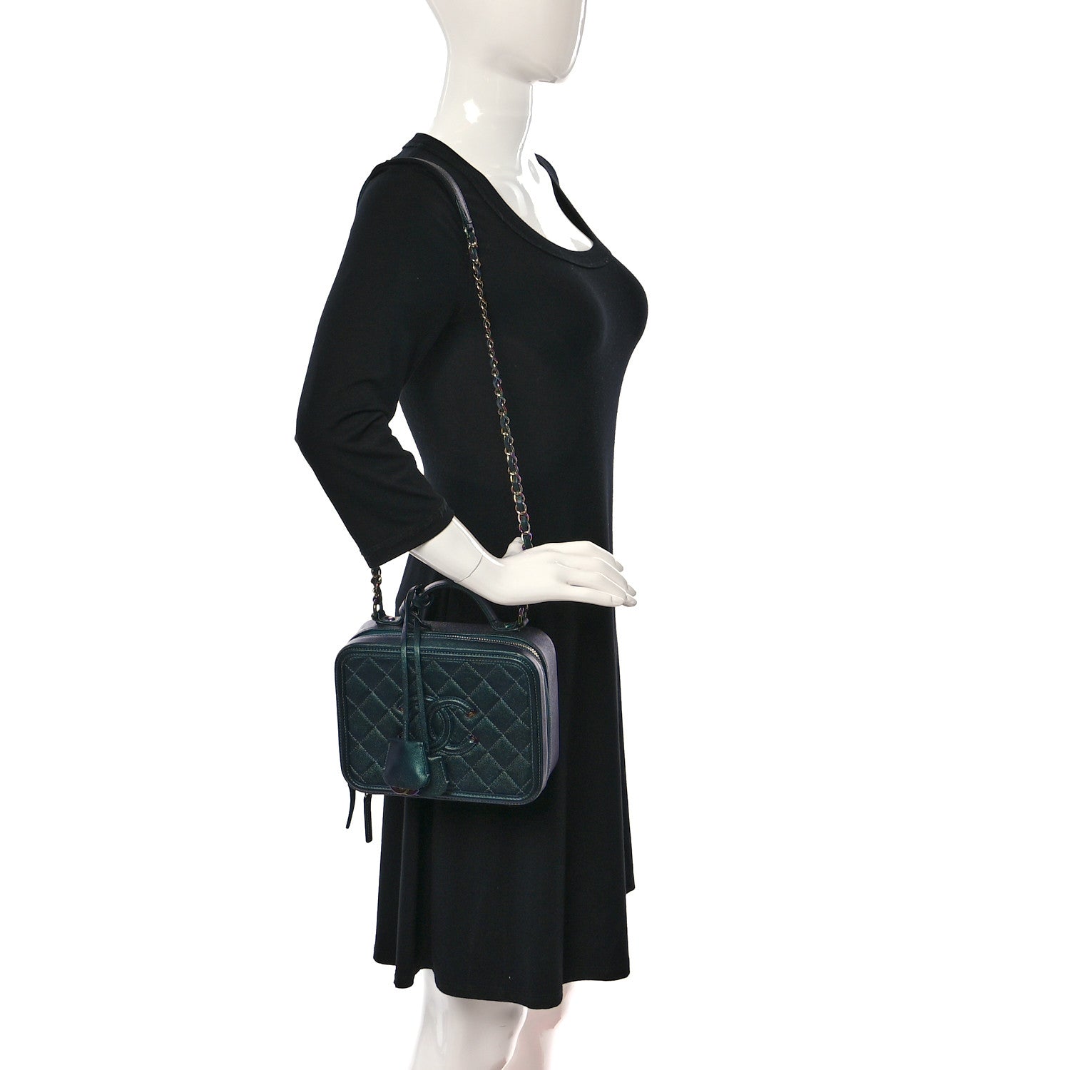 Chanel Iridescent Caviar Quilted Medium CC Filigree Vanity Case Dark Turquoise 2 of 11